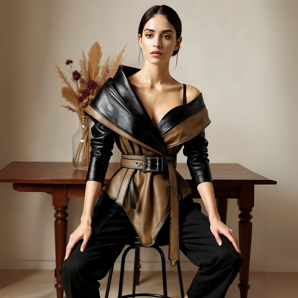 veste en cuir avec ceinture élégante femme