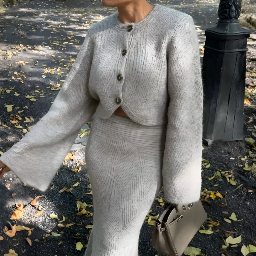 ensemble cardigan jupe longue laine gris femme
