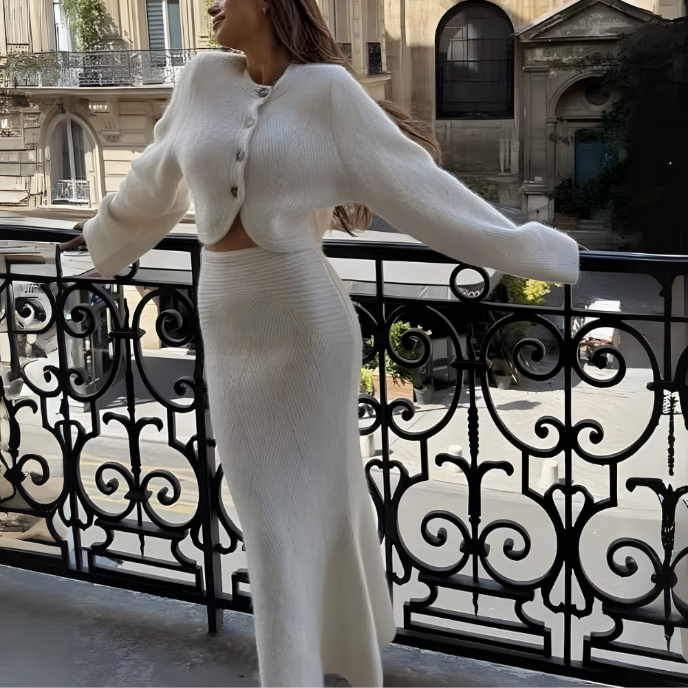 ensemble cardigan jupe longue laine blanc