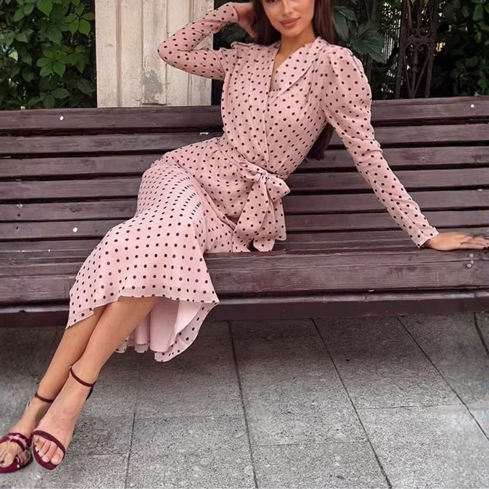 Robe longue à pois rose femme