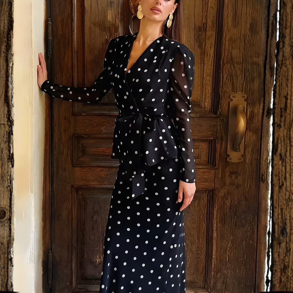 robe longue noire à pois femme chic hiver