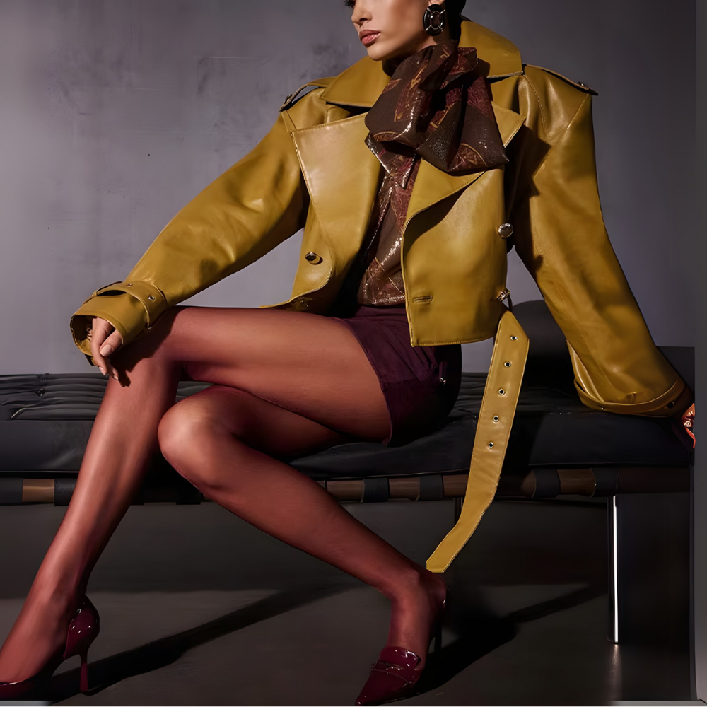 veste en cuir moutarde femme