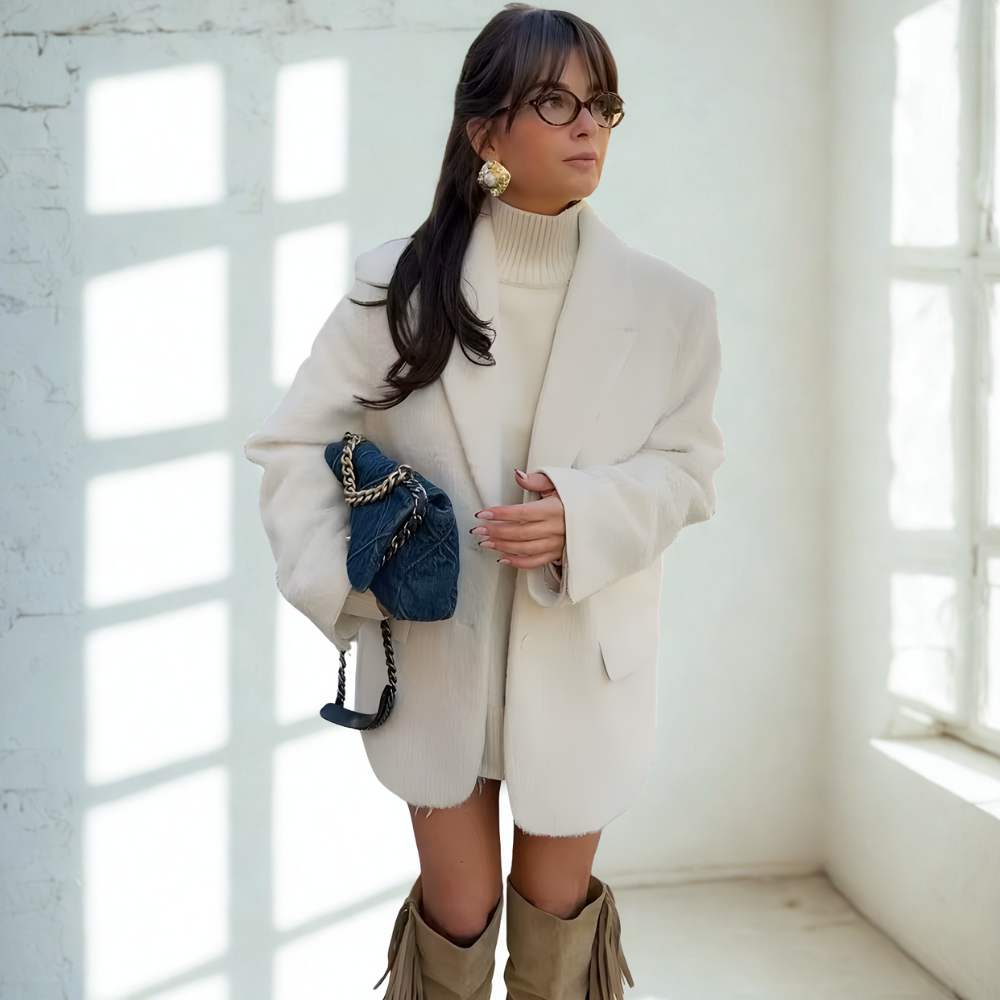 blazer long chaud fourrure blanc femme