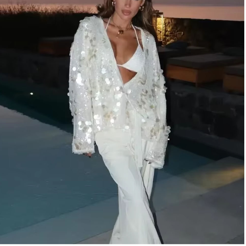 Veste élégante blanche à paillettes pour femme