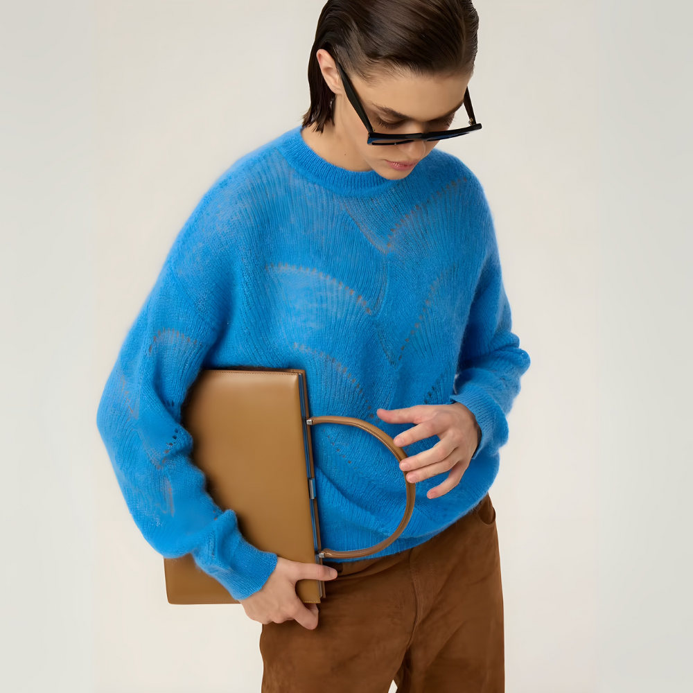 Pull mohair bleu col rond femme