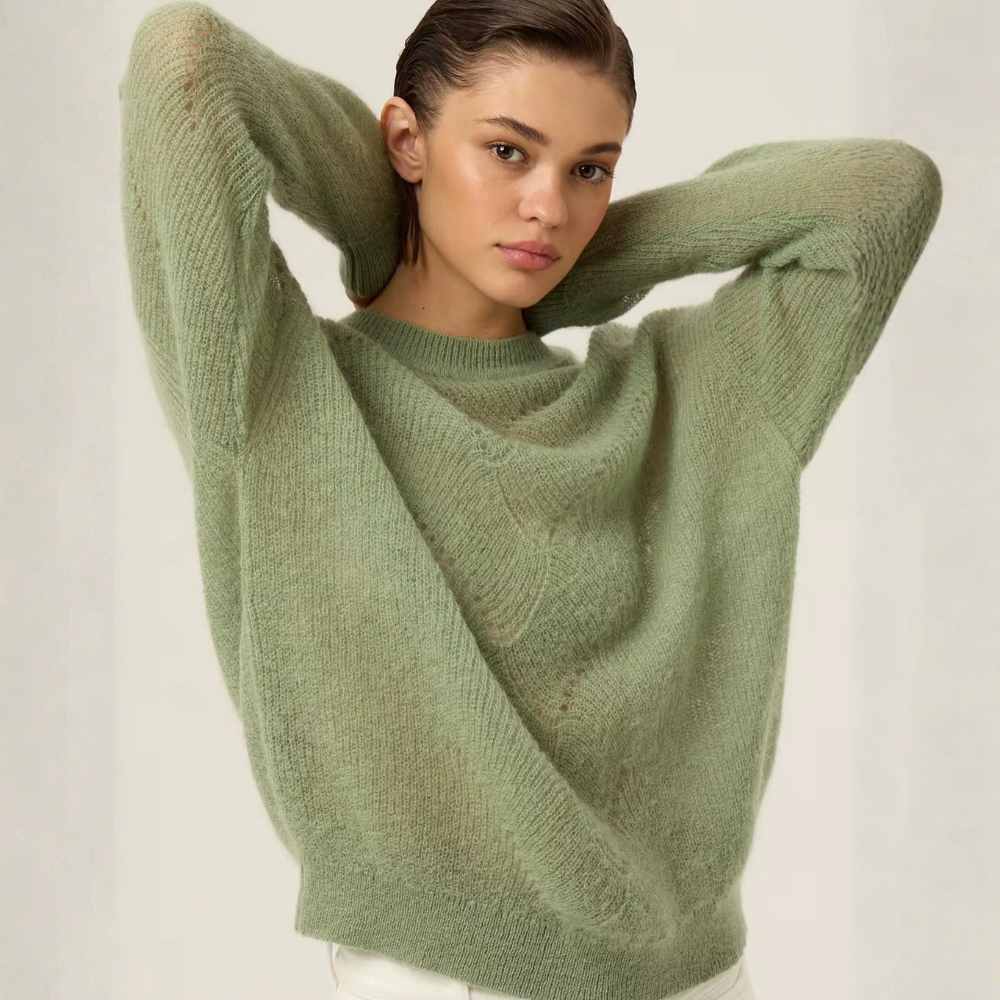 Pull mohair vert col rond femme