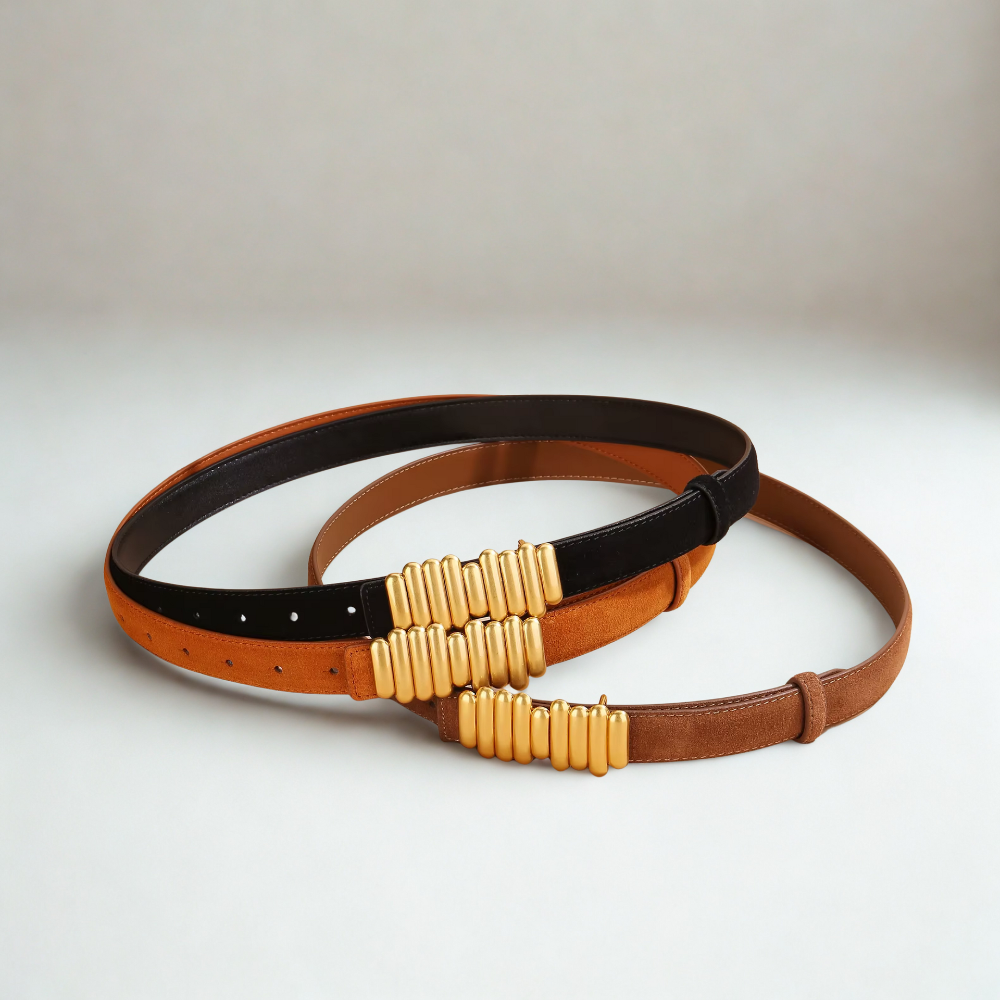Ceinture cuir de vache à boucle dorée géométrique
