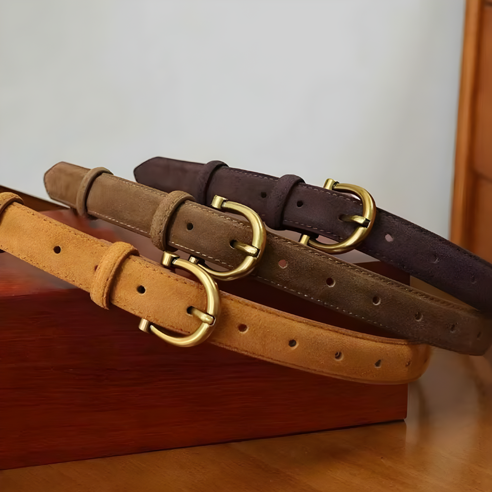 Ceinture pour femme en daim boucle dorée marron