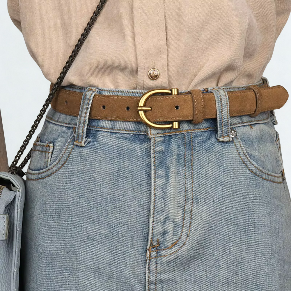 Ceinture pour femme en daim camel tendance boucle dorée