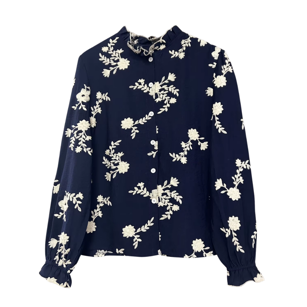 Chemisier bleu brodé à fleurs femme (2)