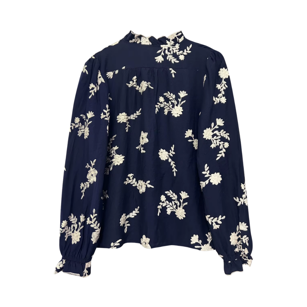 Chemisier bleu brodé à fleurs femme (3)
