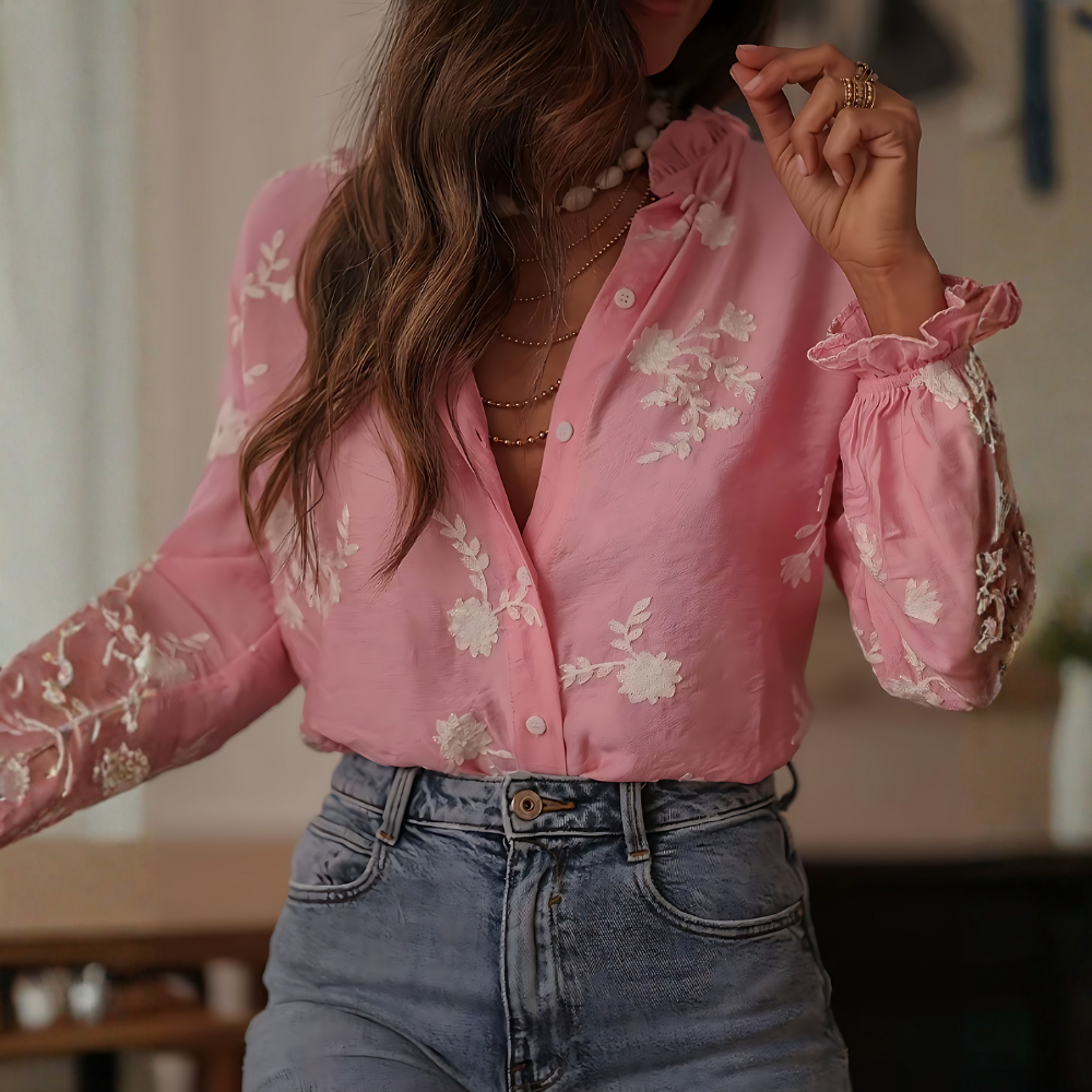 Chemisier rose brodé à fleurs femme