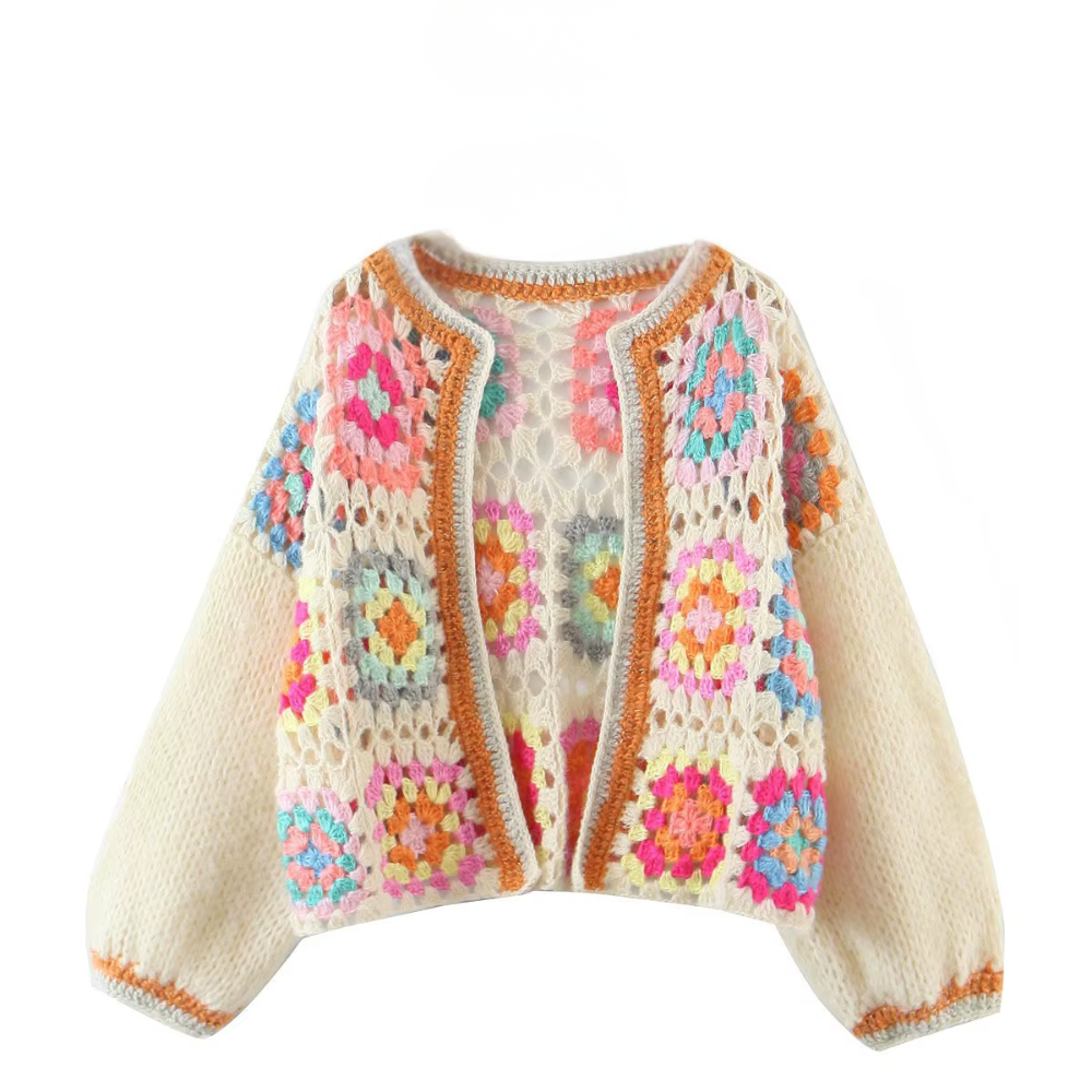 Cardigan mohair crochet blanc hippie femme