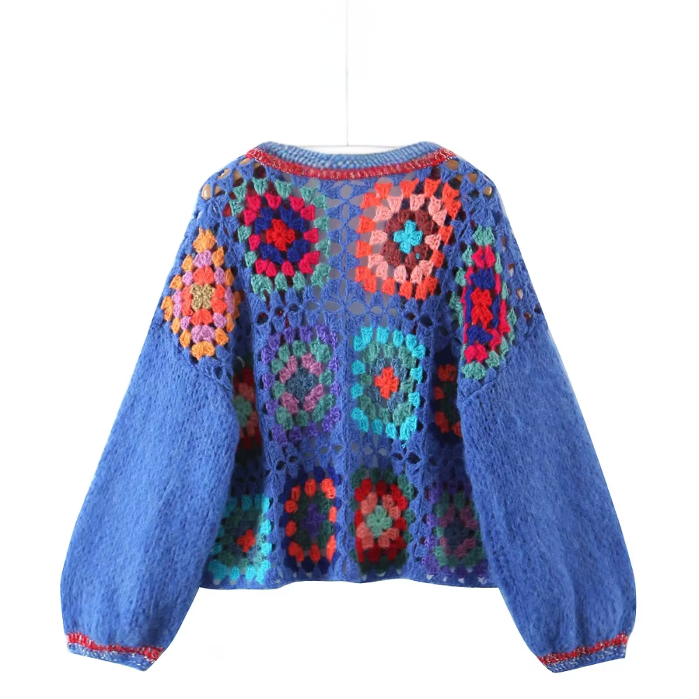 Cardigan mohair crochet blanc hippie bleu