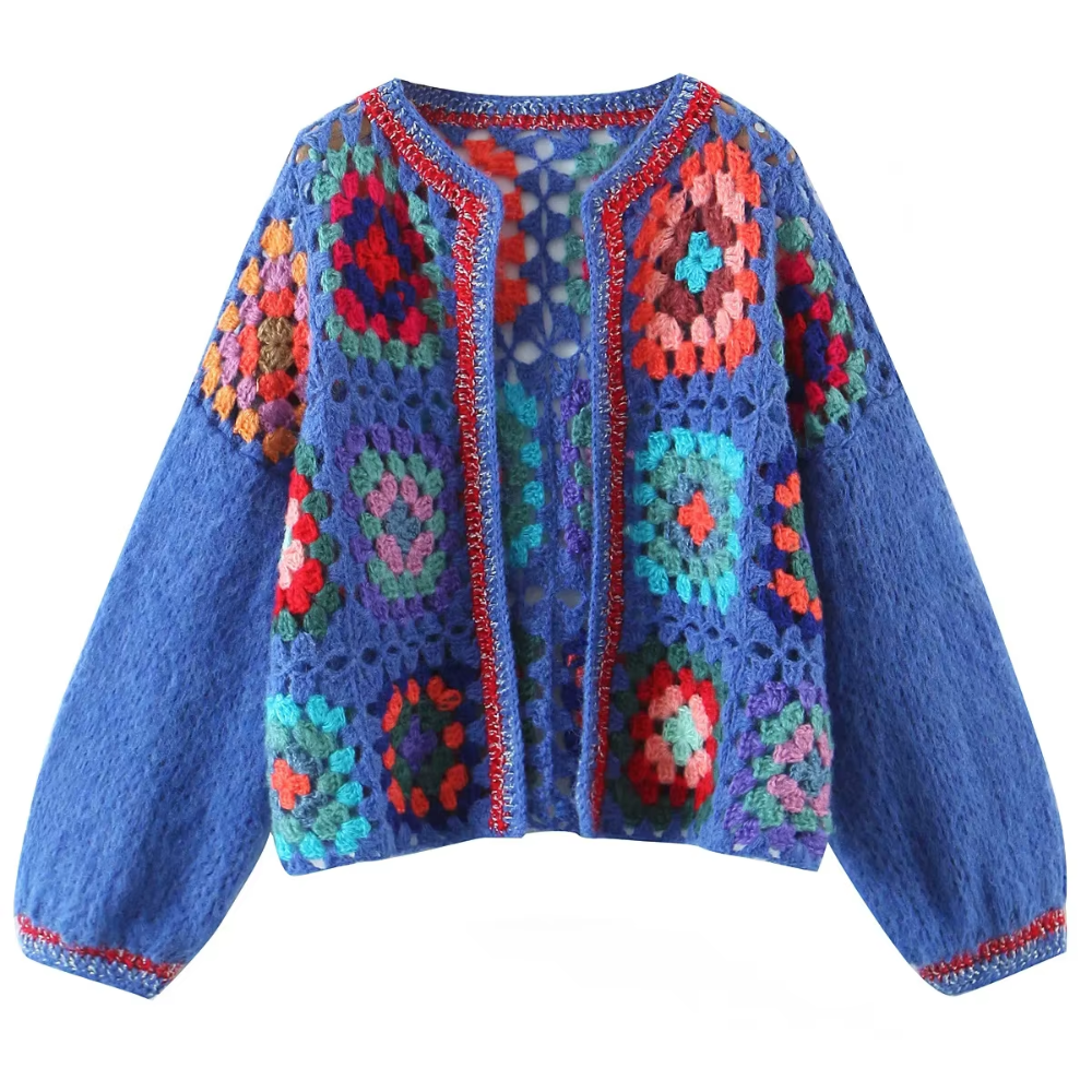Cardigan mohair crochet blanc hippie bleu tendance