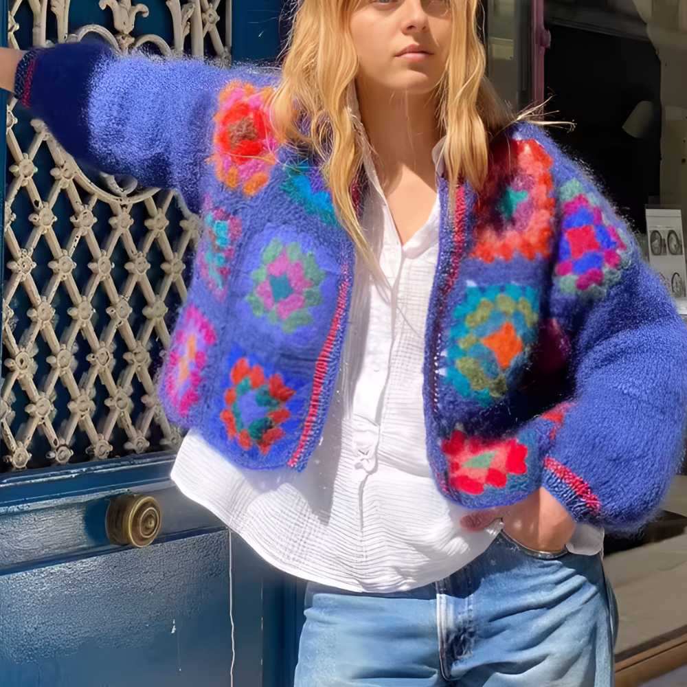 Cardigan mohair bleu majorelle blanc hippie femme