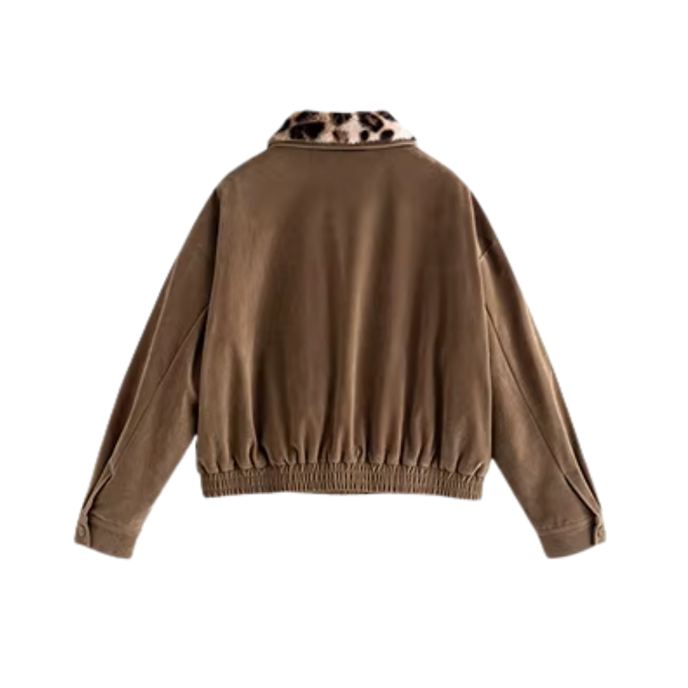 Blouson marron court col léopard (2)