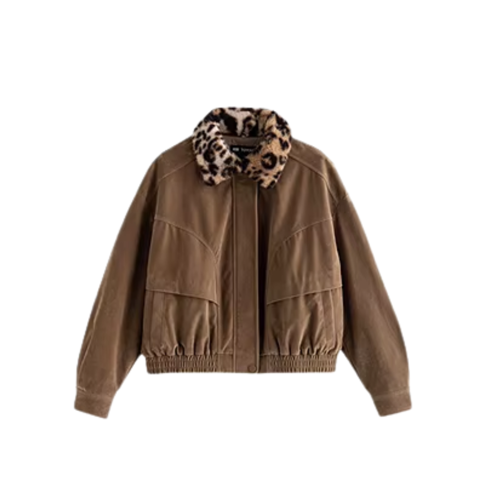 Blouson marron court col léopard mode femme hiver