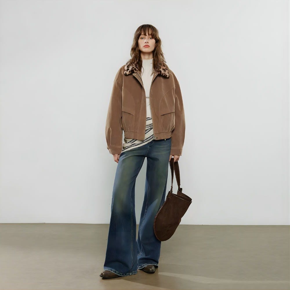 Blouson marron court col léopard femme