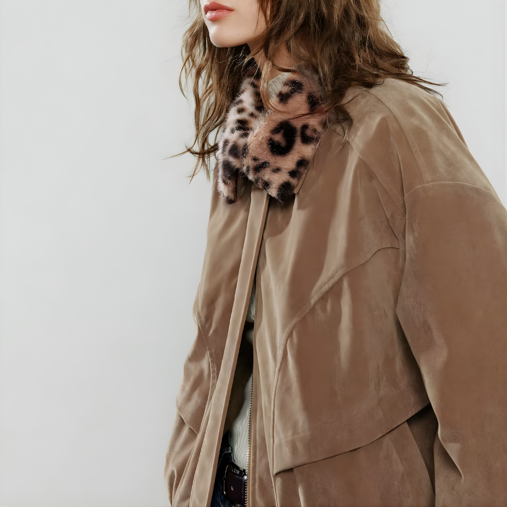 Blouson marron court col léopard tendance