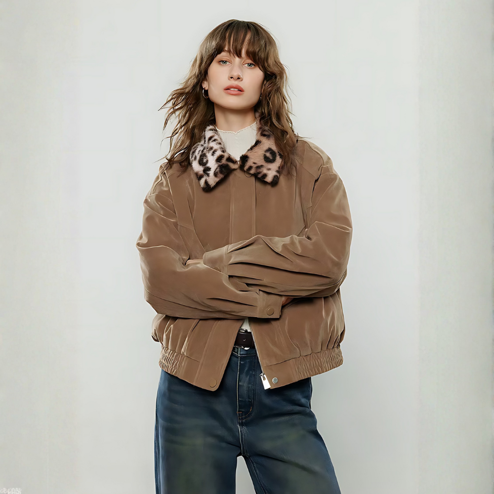 Blouson pour femme à col léopard fourrure