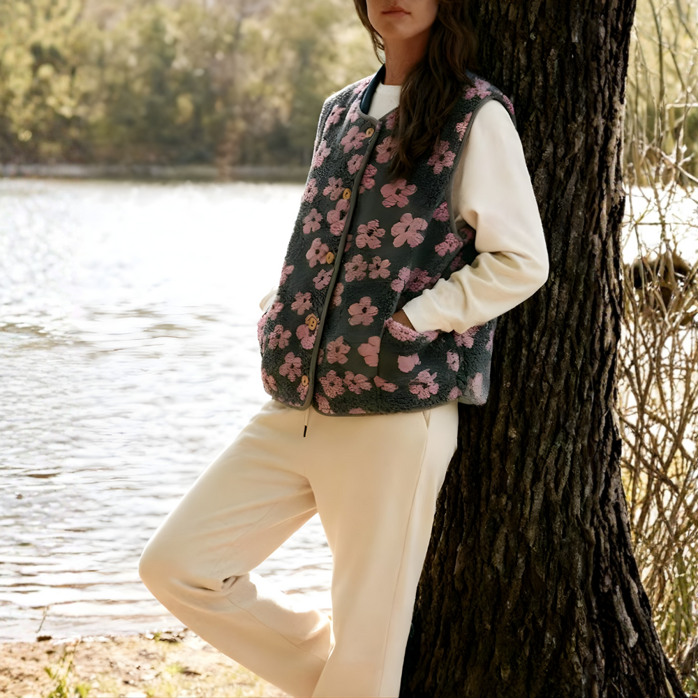 gilet polaire sans manche à fleurs femme grey pink