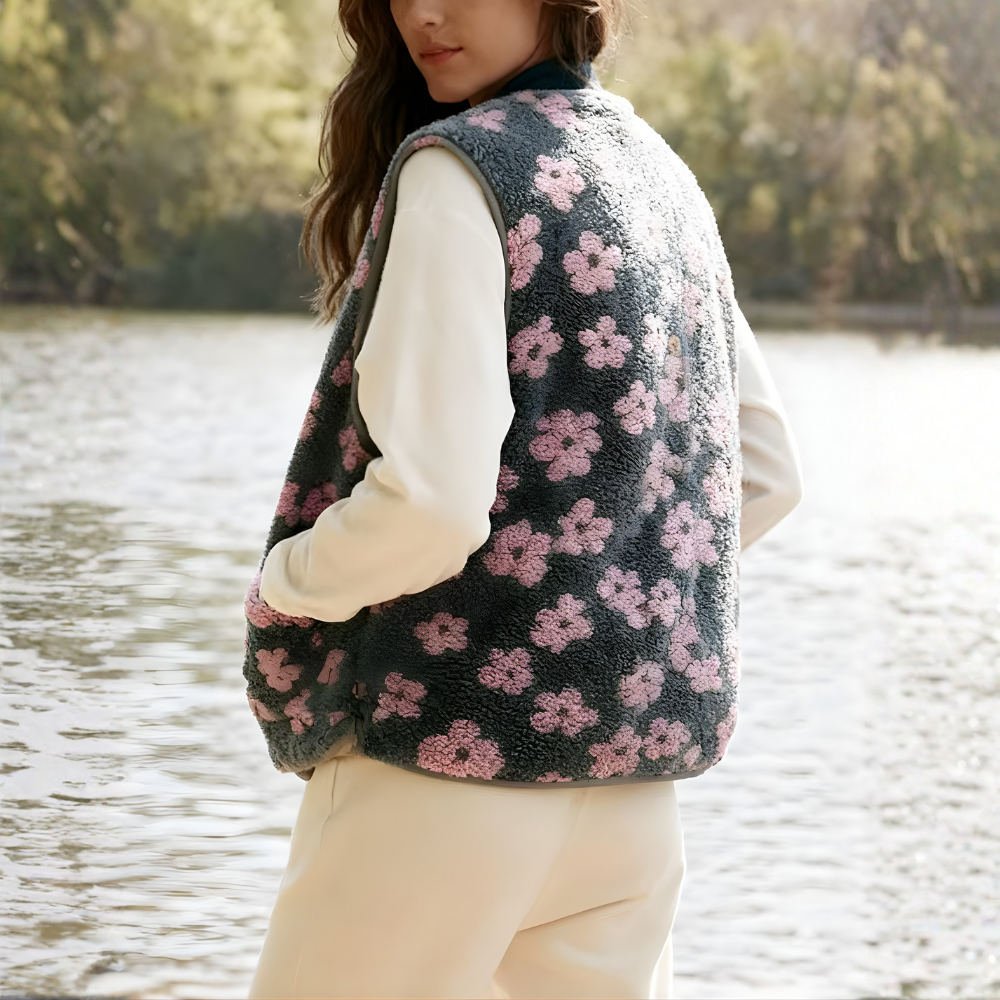 gilet polaire sans manche à fleurs femme gris rose