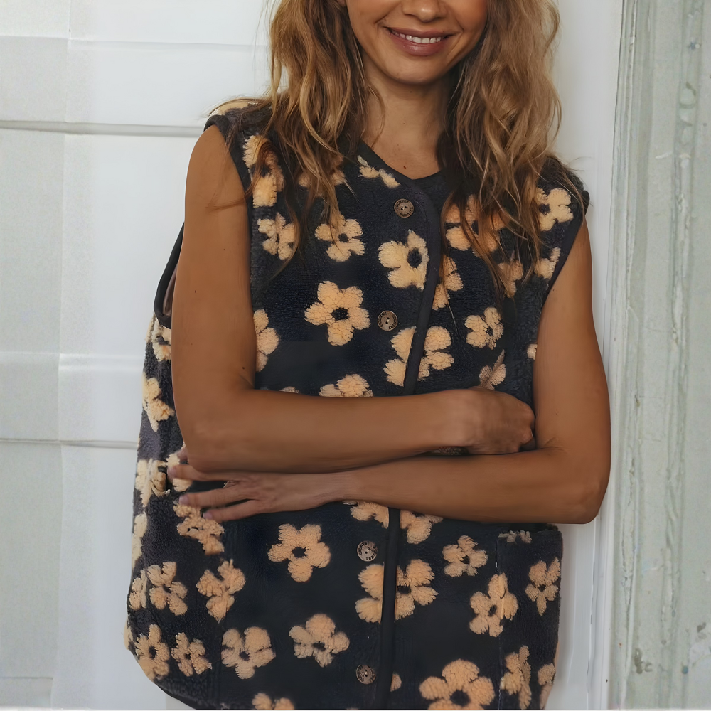 gilet polaire sans manche à fleurs femme tendance