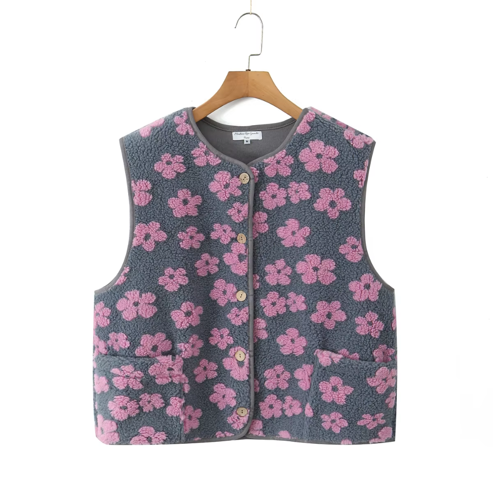 gilet sans manche chaud laine polaire gris rose