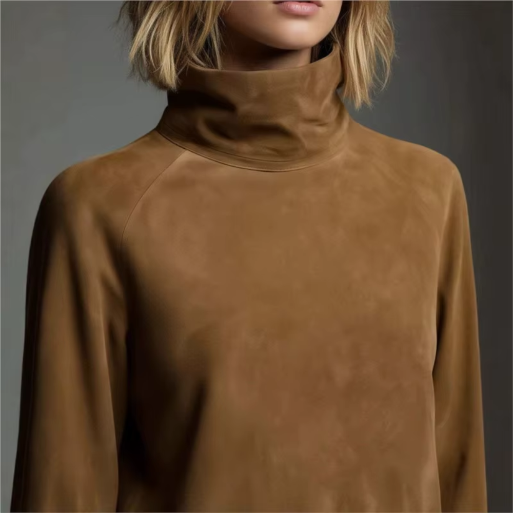 robe à col roulé en daim camel femme