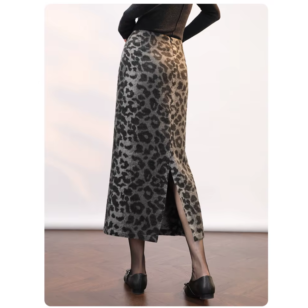 jupe longue jacquard léopard noir gris femme (3)