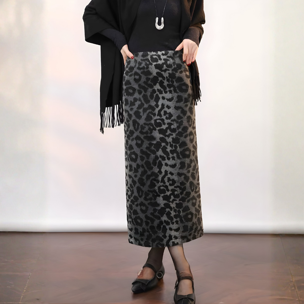 jupe longue jacquard léopard noir gris femme