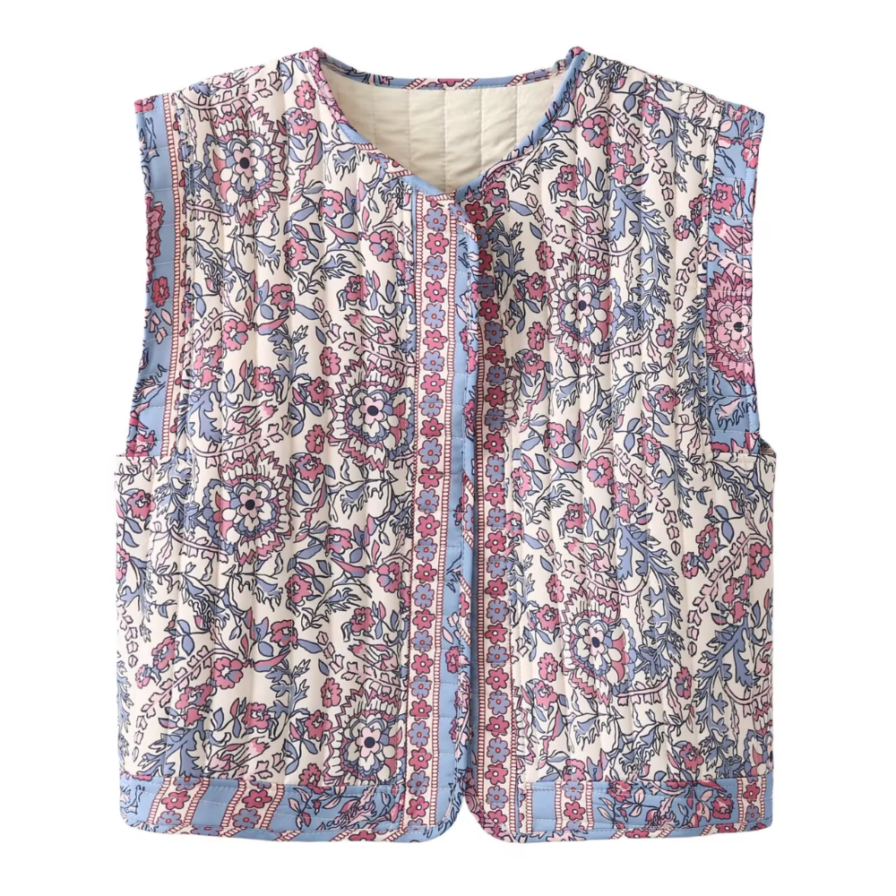 gilet sans manches imprimé coton bleu rose fleuri