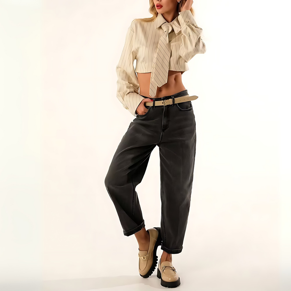 chemise cravatte crop top femme beige