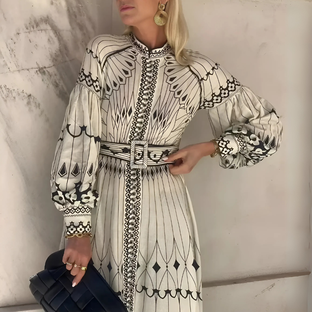 Robe longue imprimée noir blanc fleurie