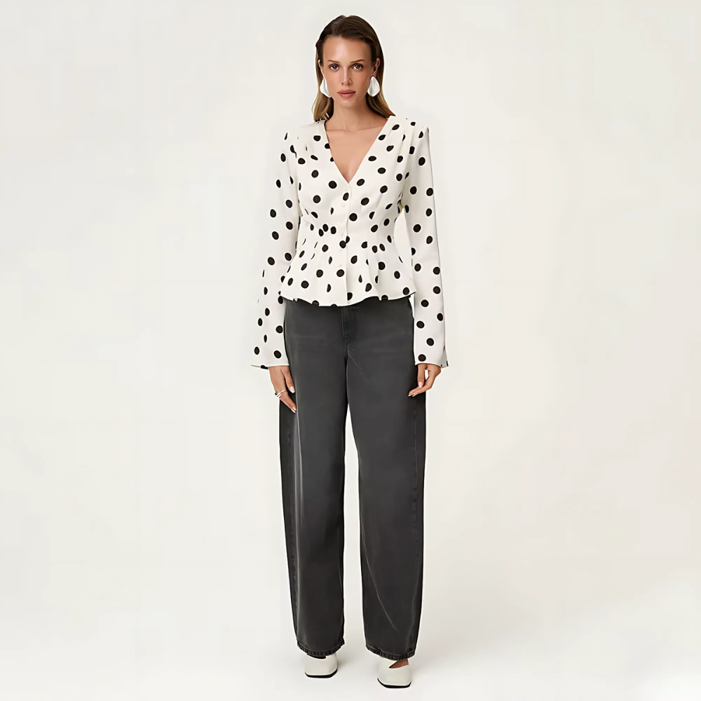 chemisier blanc à pois col V femme (3)