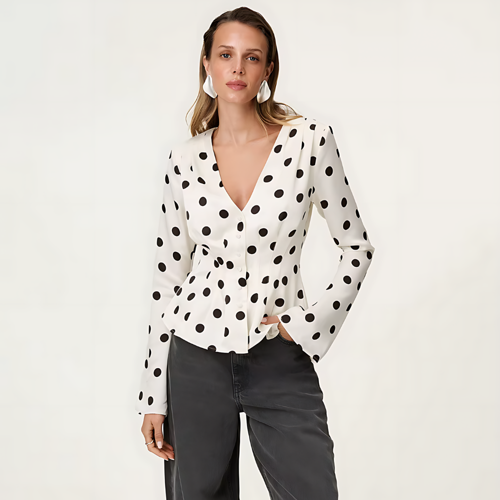 chemisier blanc à pois col V femme