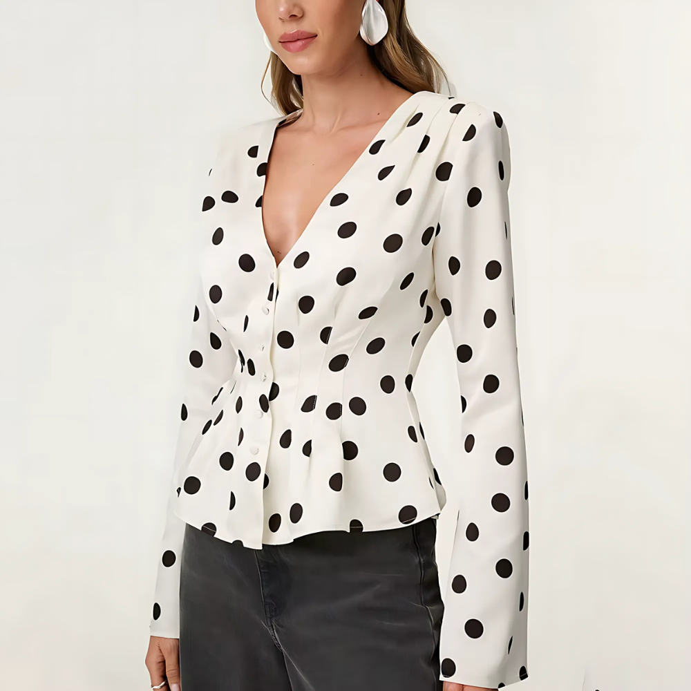 chemisier blanc à pois col V femme (2)