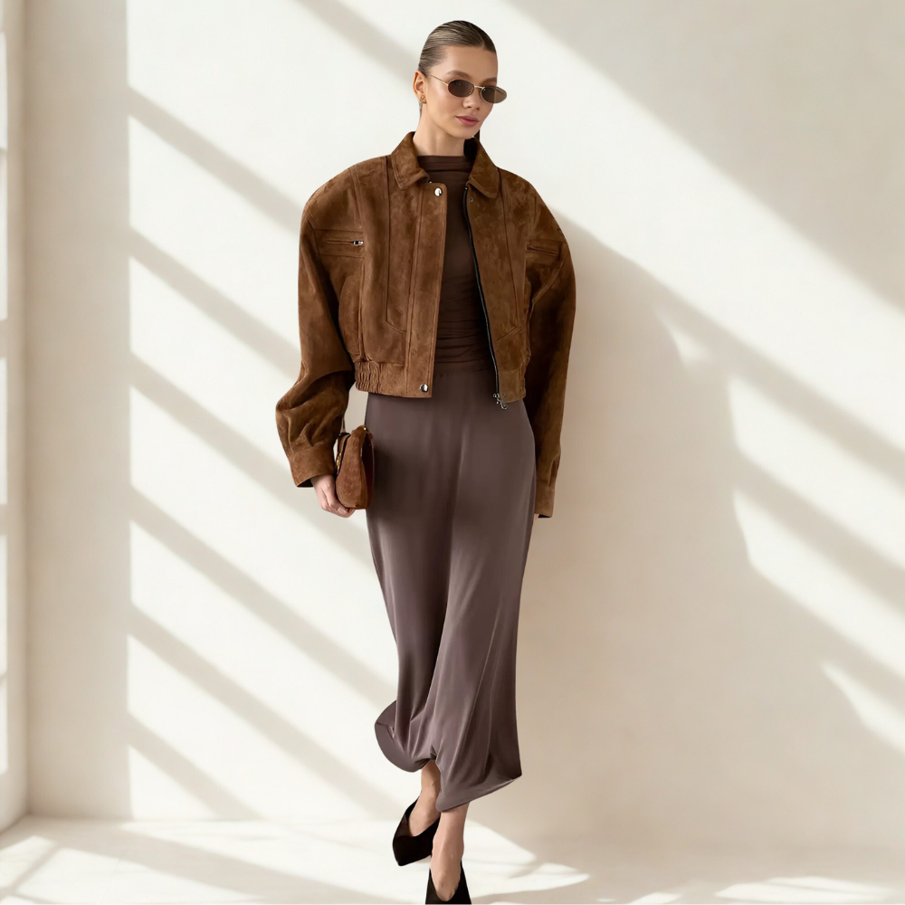 blouson aviateur en daim marron femme tendance hiver 2026