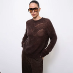 Pull mohair marron tendance col rond femme