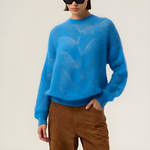 Pull mohair bleu élégant col rond femme