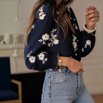 Chemisier marine broderies florales femme