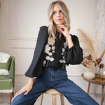 Chemisier noir à broderie florale femme