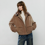 Blouson marron court col léopard