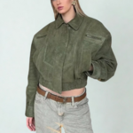 blouson aviateur en daim vert kaki femme