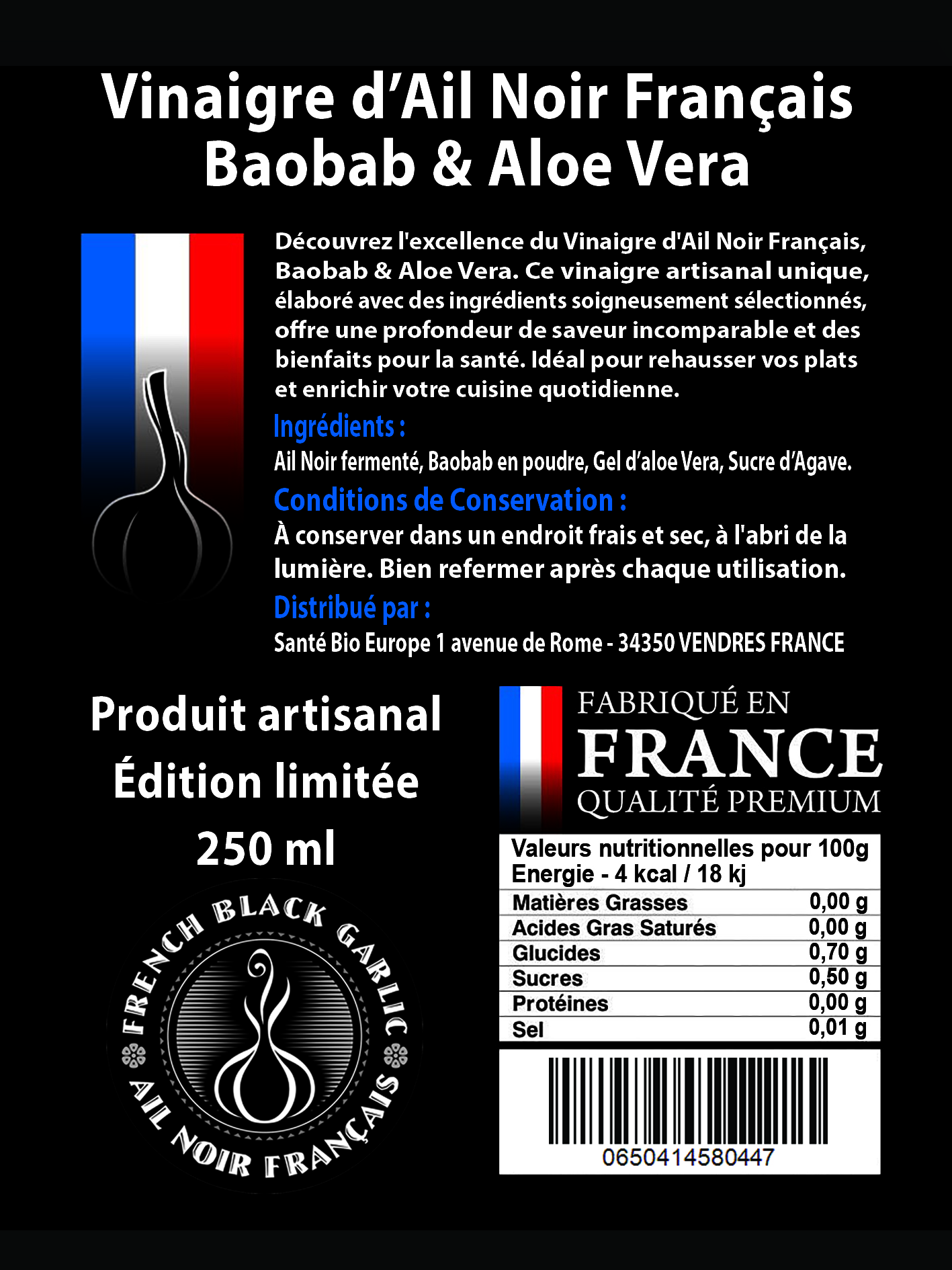 Vinaigre à l\'Ail Noir, Baobab et Aloe Vera - Edition Limitée - 250 ml