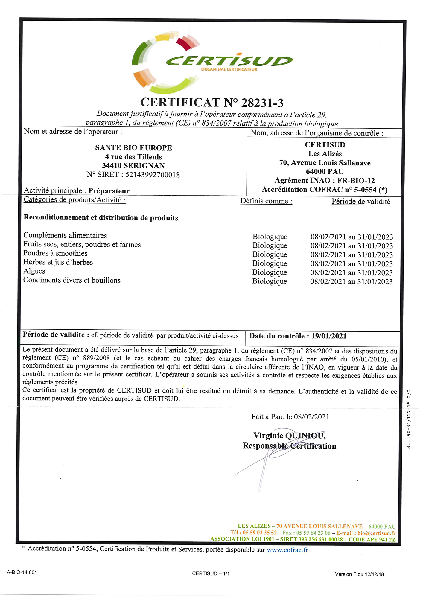 Certificat Biologique Santé Bio Europe