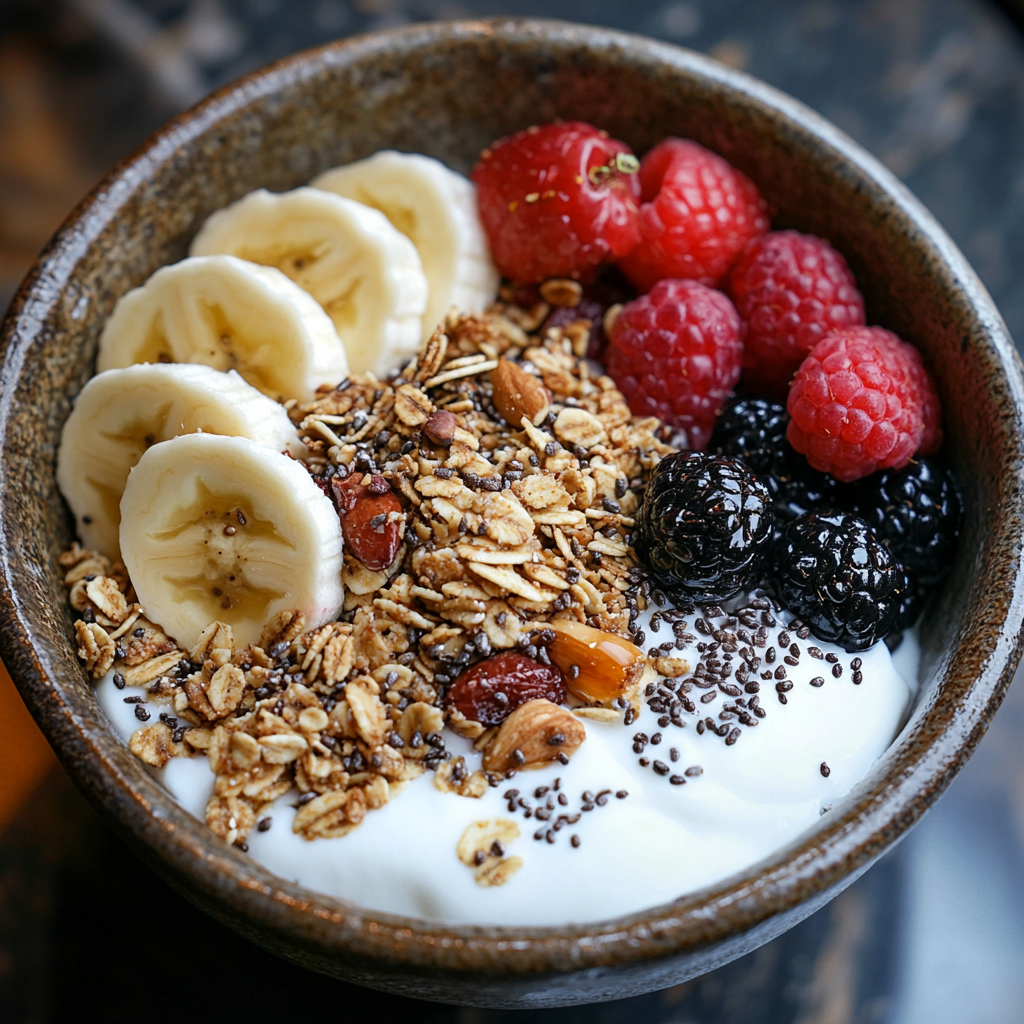Photo de la recette : Granola maison au yaourt grec, miel et ail noir