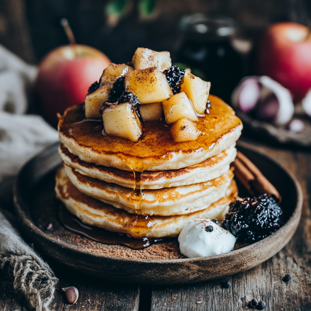 Photo de la recette : Pancakes à la farine de coco, compote de pommes et ail noir