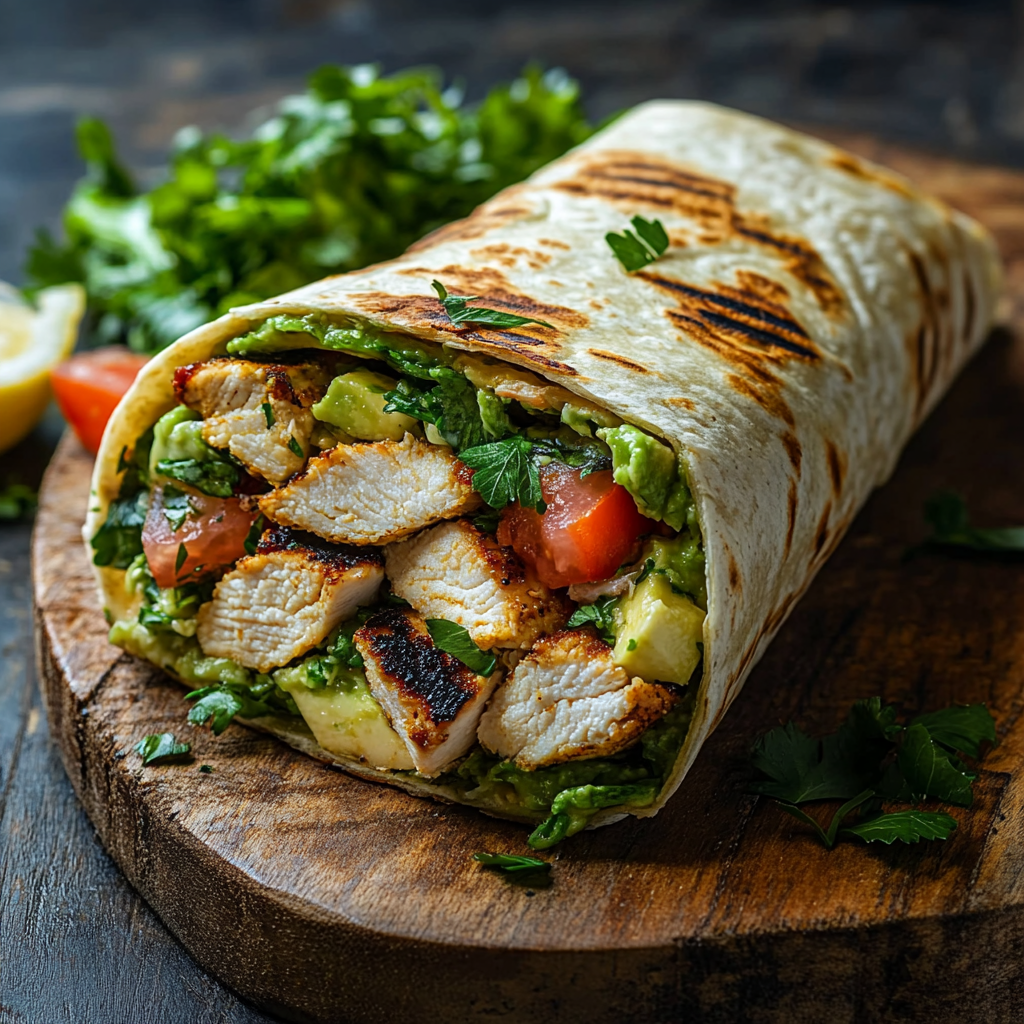 Photo de la recette : Wrap de poulet grillé, avocat, et légumes frais